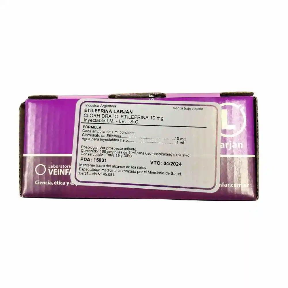 ETILEFRINA 10MG  X 1 AMP 1 ML - I M, I V, S C - LARJAN - C7