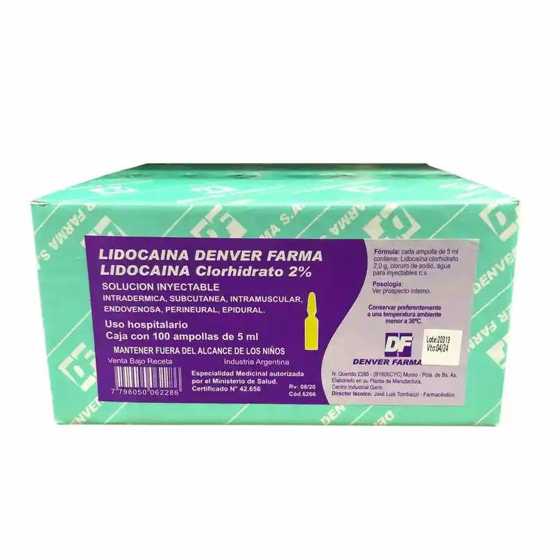 LIDOCAINA 2% X 1 AMPOLLA  DE 5 ML - IM, IV, SC -  DENVER - C3